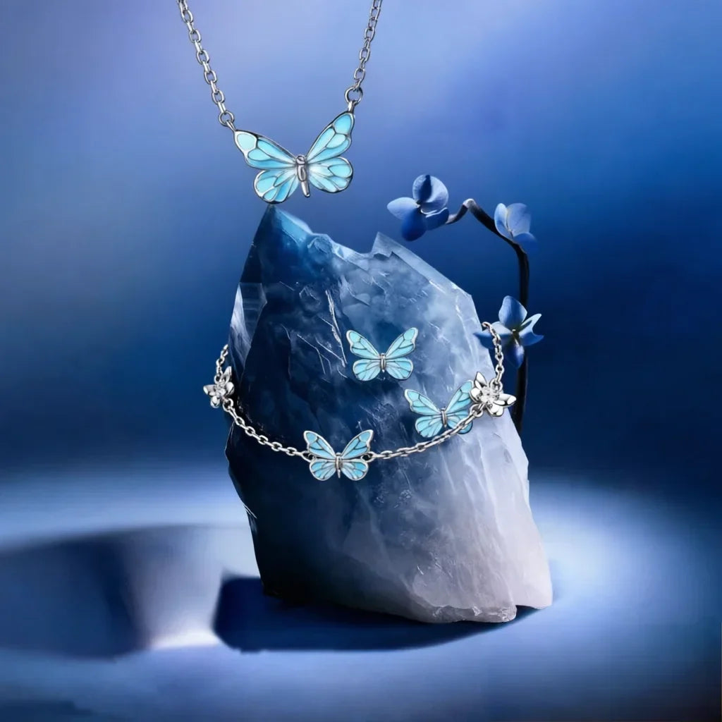 🦋💙Halskjede- og armbåndssett med lysende sommerfugl-anheng