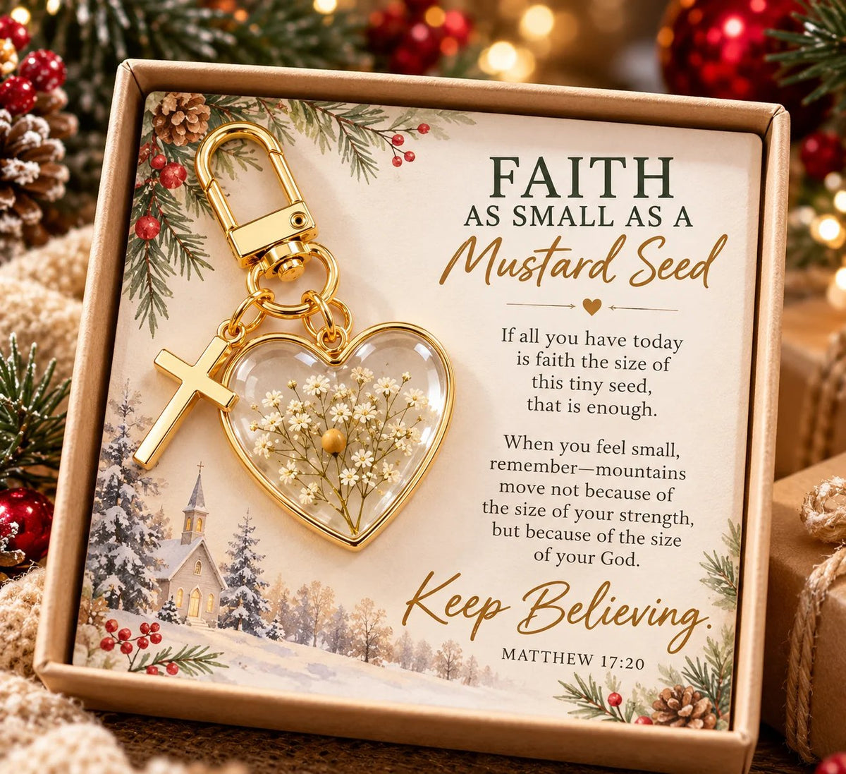 ⏳ Siste dag med 50 % rabatt –✝️ Nøkkelring «Mustard Seed Faith» — Fortsett å tro