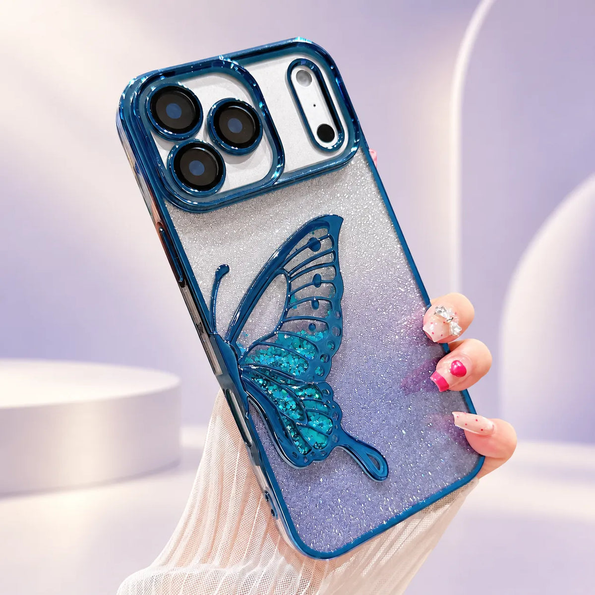 Deksel til iPhone 18/17/16/15/14/13/12 med 3D-sommerfugler og glitter – blankt, elektroplettert TPU-design