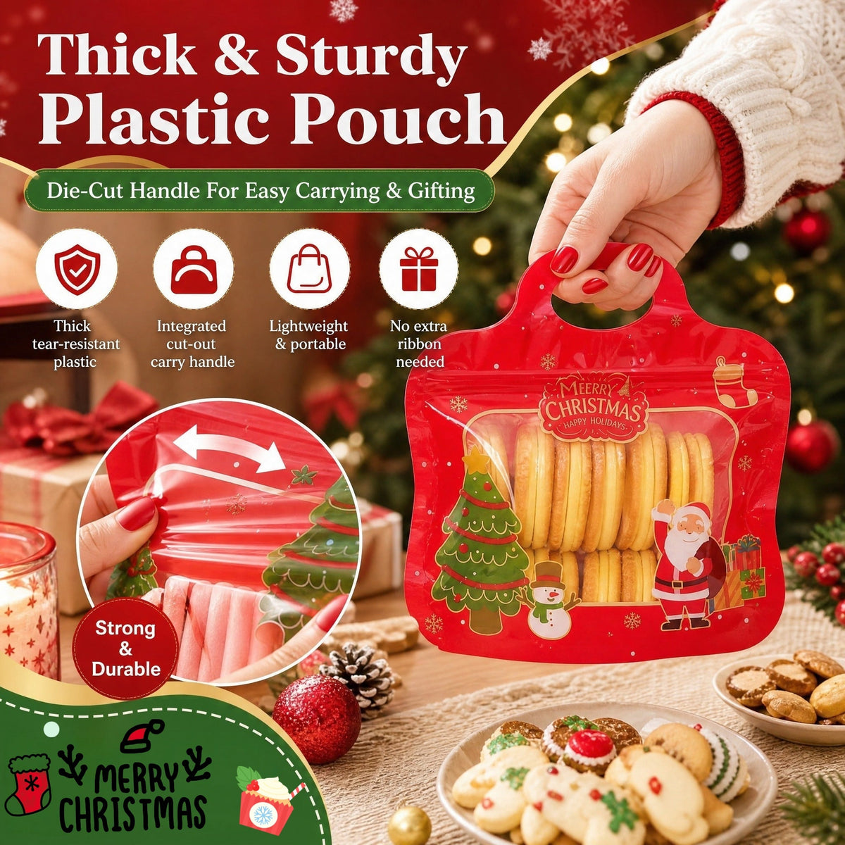 🎅Siste sjanse – 60 % rabatt! 🎁 Enkle å fylle og forsegle 🎄 Festlige godteposer med selvlukkende funksjon – motiv av julenisse og snømann | Kan lukkes på nytt, trygge for mat og perfekte til småkaker, sjokolade og små gaver ⛄