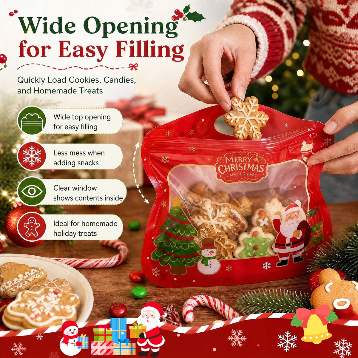 🎅Siste sjanse – 60 % rabatt! 🎁 Enkle å fylle og forsegle 🎄 Festlige godteposer med selvlukkende funksjon – motiv av julenisse og snømann | Kan lukkes på nytt, trygge for mat og perfekte til småkaker, sjokolade og små gaver ⛄