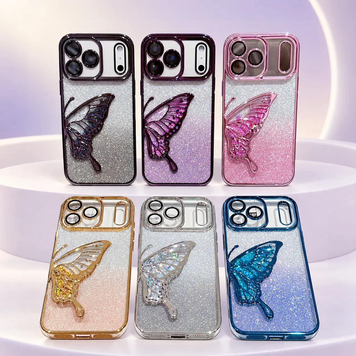 Deksel til iPhone 18/17/16/15/14/13/12 med 3D-sommerfugler og glitter – blankt, elektroplettert TPU-design