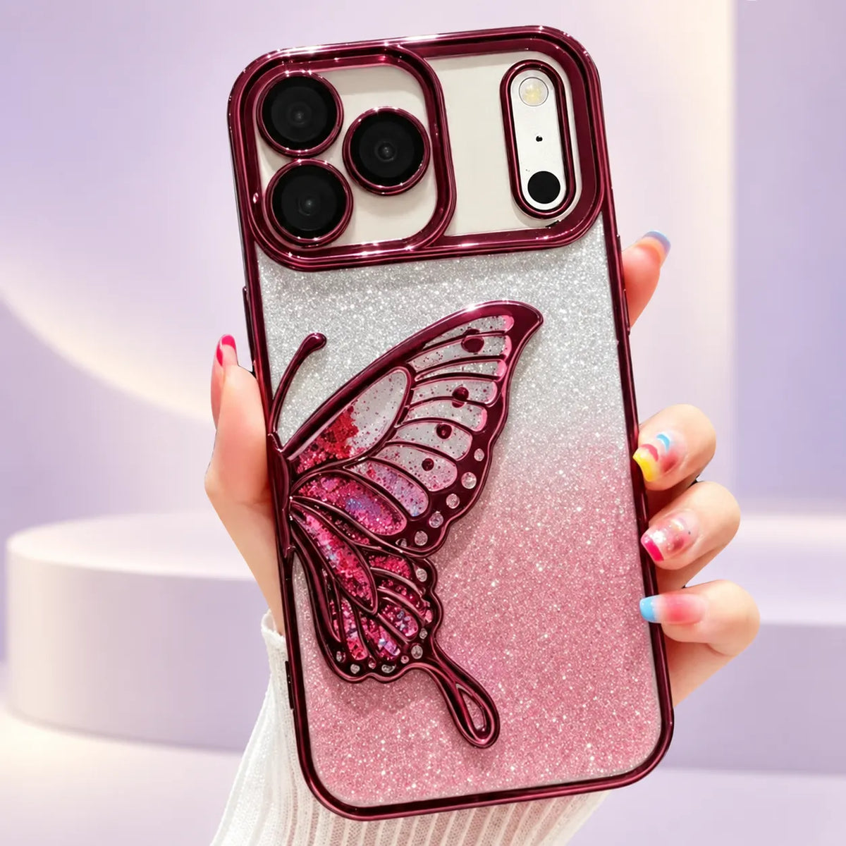 Deksel til iPhone 18/17/16/15/14/13/12 med 3D-sommerfugler og glitter – blankt, elektroplettert TPU-design
