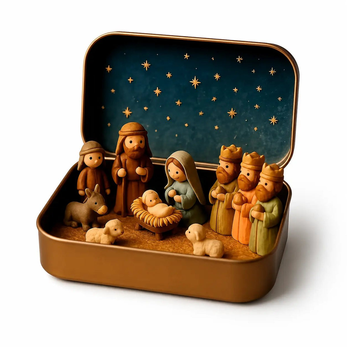 ✝️ Mini-krybbesett i minneblikkboks — Jule-sett med Den hellige familie i lommeformat