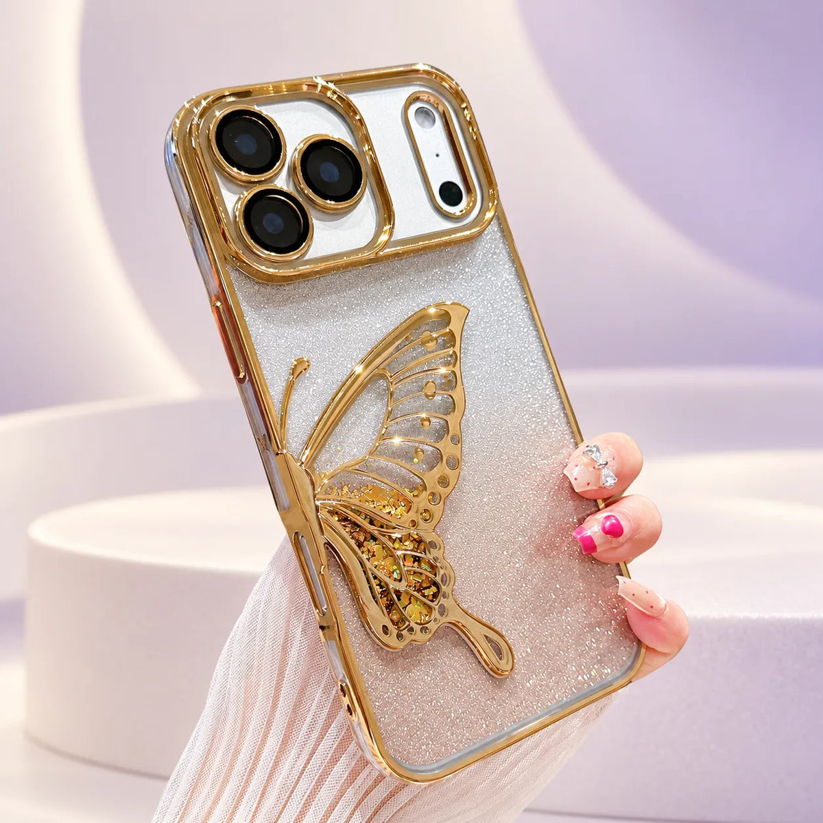 Deksel til iPhone 18/17/16/15/14/13/12 med 3D-sommerfugler og glitter – blankt, elektroplettert TPU-design