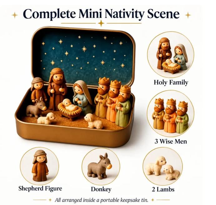 ✝️ Mini-krybbesett i minneblikkboks — Jule-sett med Den hellige familie i lommeformat