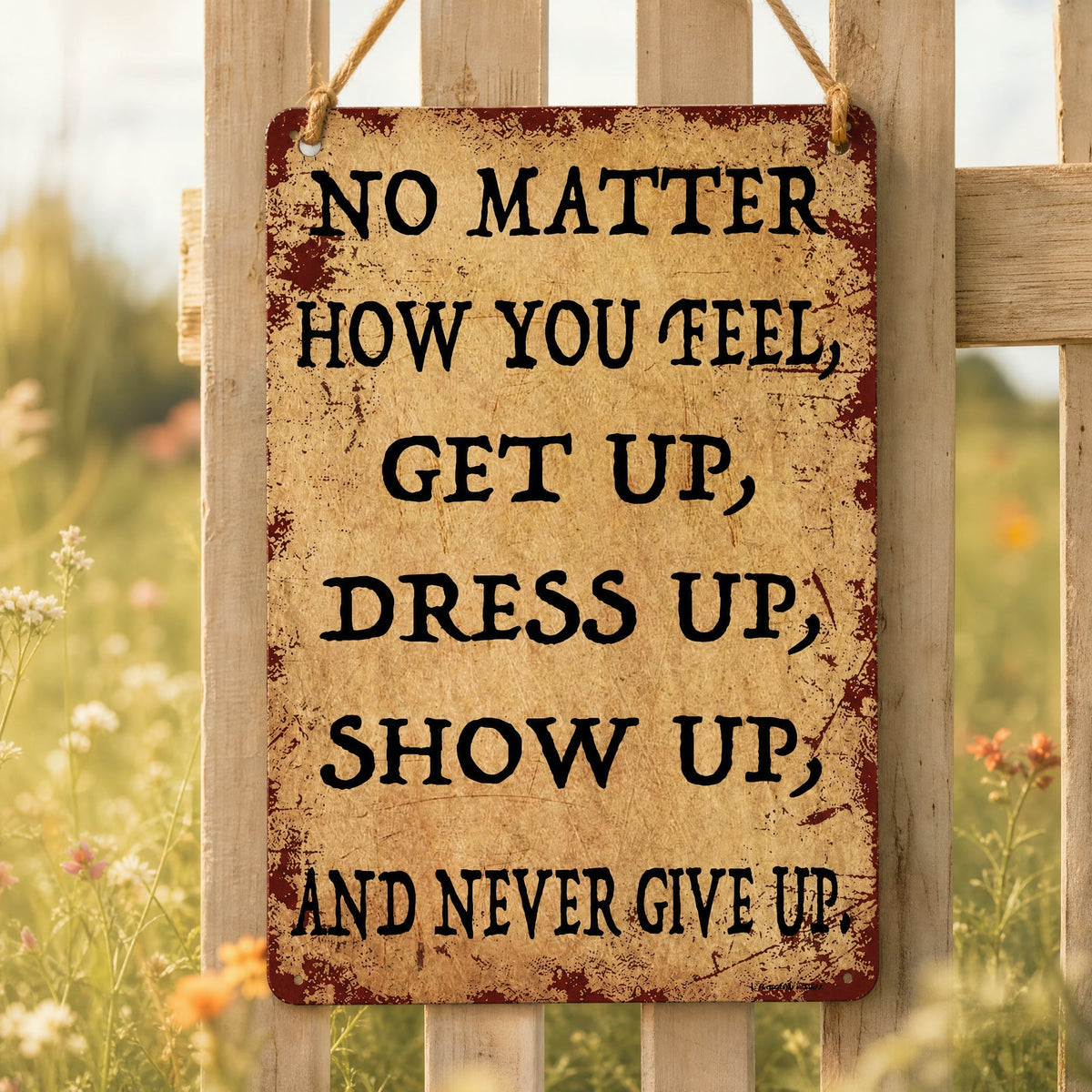 Inspirerende vintage-skilt i metall – «Never Give Up» – motiverende veggdekorasjon