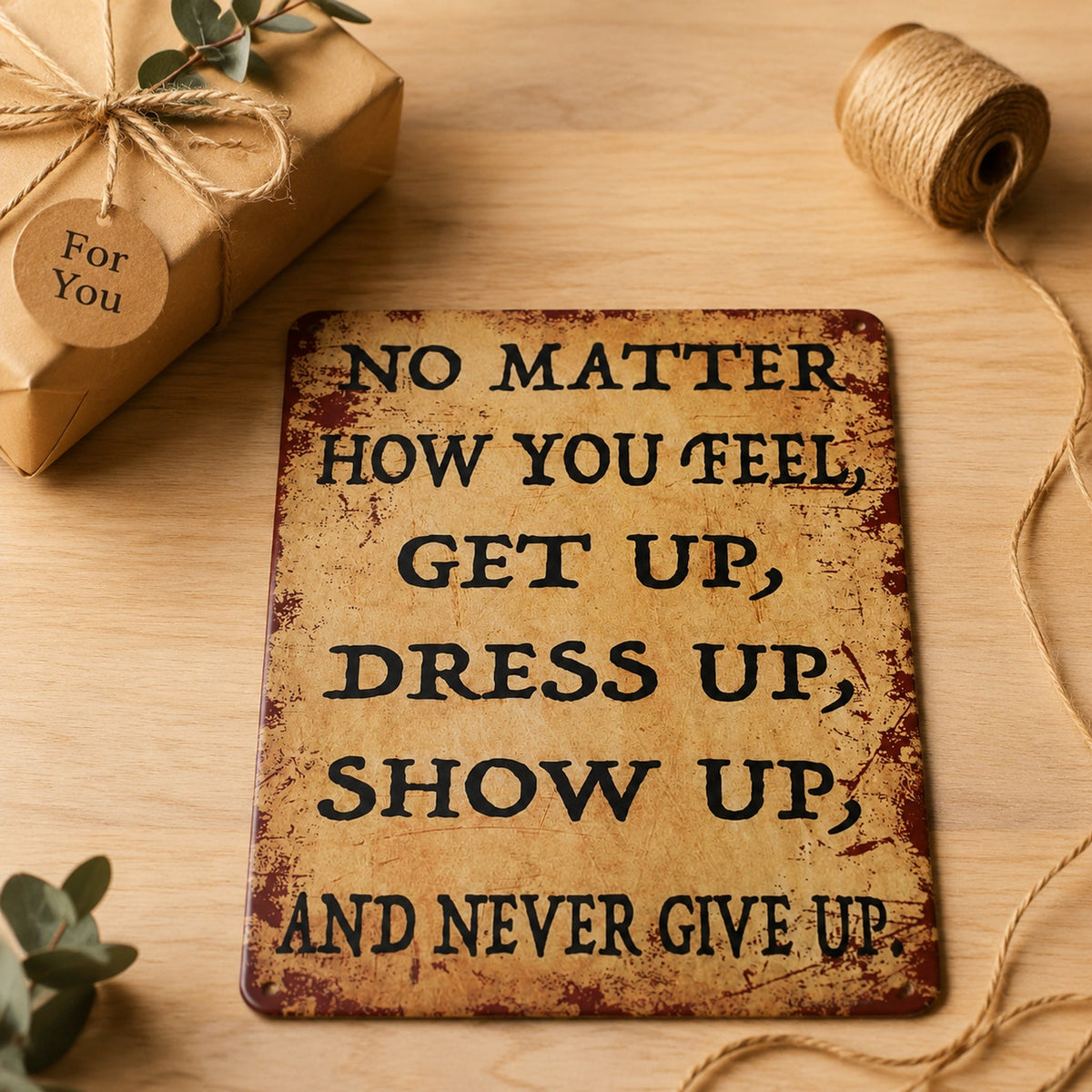 Inspirerende vintage-skilt i metall – «Never Give Up» – motiverende veggdekorasjon