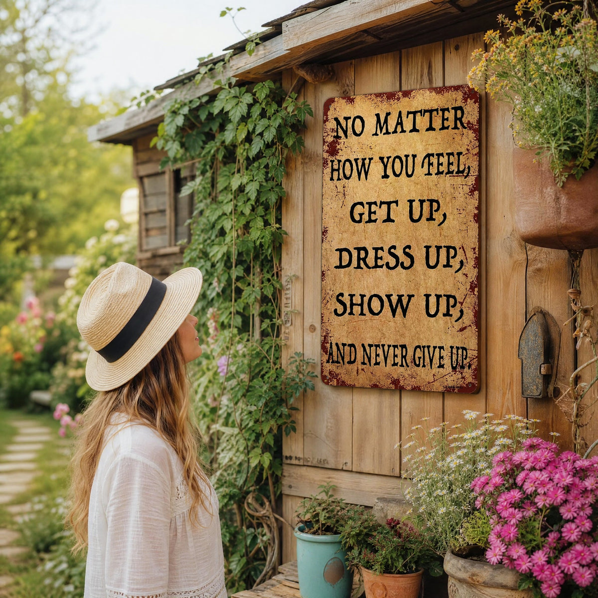 Inspirerende vintage-skilt i metall – «Never Give Up» – motiverende veggdekorasjon