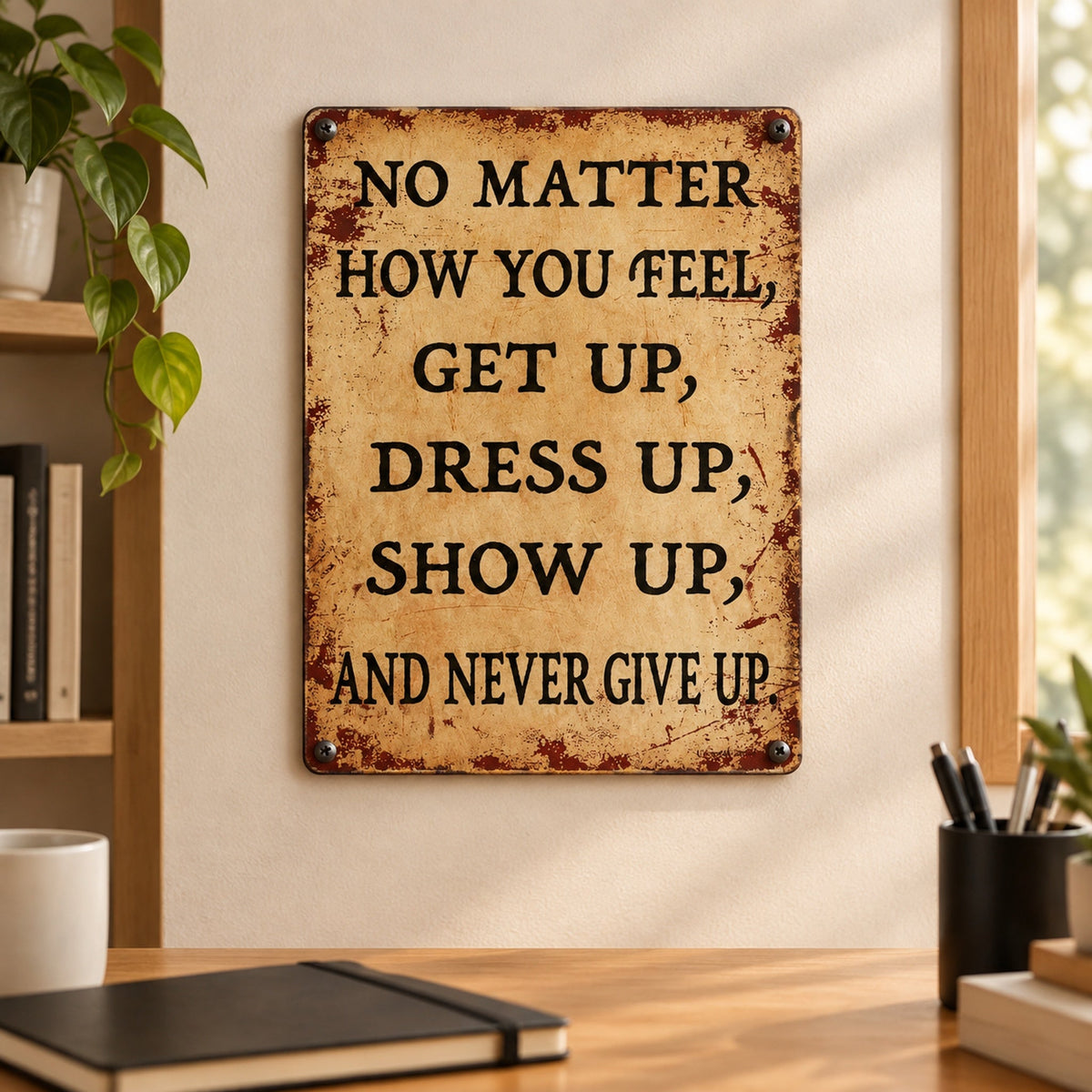 Inspirerende vintage-skilt i metall – «Never Give Up» – motiverende veggdekorasjon