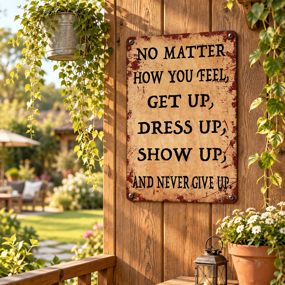 Inspirerende vintage-skilt i metall – «Never Give Up» – motiverende veggdekorasjon