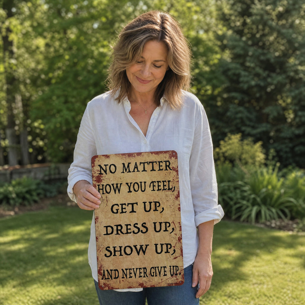 Inspirerende vintage-skilt i metall – «Never Give Up» – motiverende veggdekorasjon