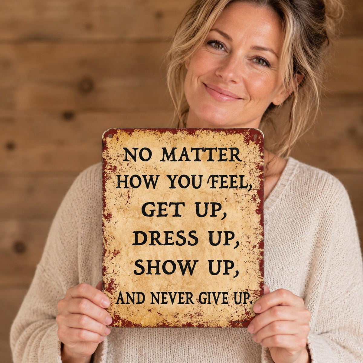 Inspirerende vintage-skilt i metall – «Never Give Up» – motiverende veggdekorasjon