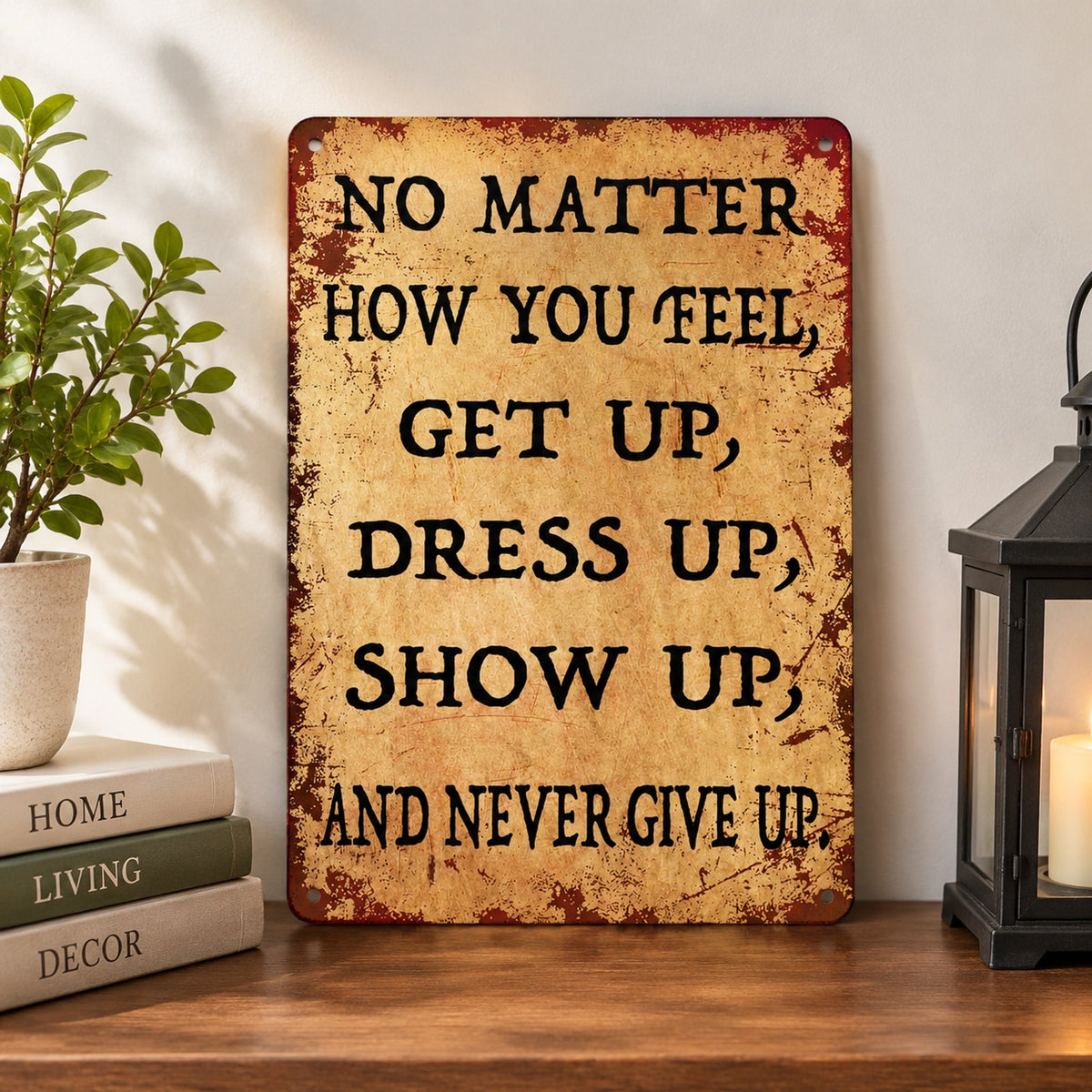 Inspirerende vintage-skilt i metall – «Never Give Up» – motiverende veggdekorasjon