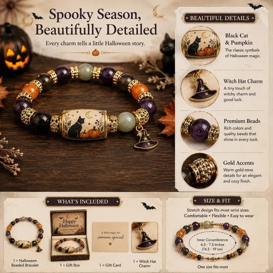 👻Gavesett med perlearmbånd i begrenset opplag 2026: Halloween-motiv med svart katt og gresskar🎁
