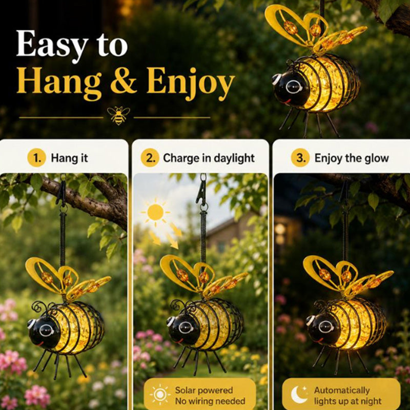 🌙🍃🪴 50 % rabatt i en begrenset periode! Hengende solcellelampe formet som en bie – varmt ravgult lys, flimmerfritt, perfekt til hagefester, camping eller barnerom – spre glede både dag og natt. 🌞🌜
